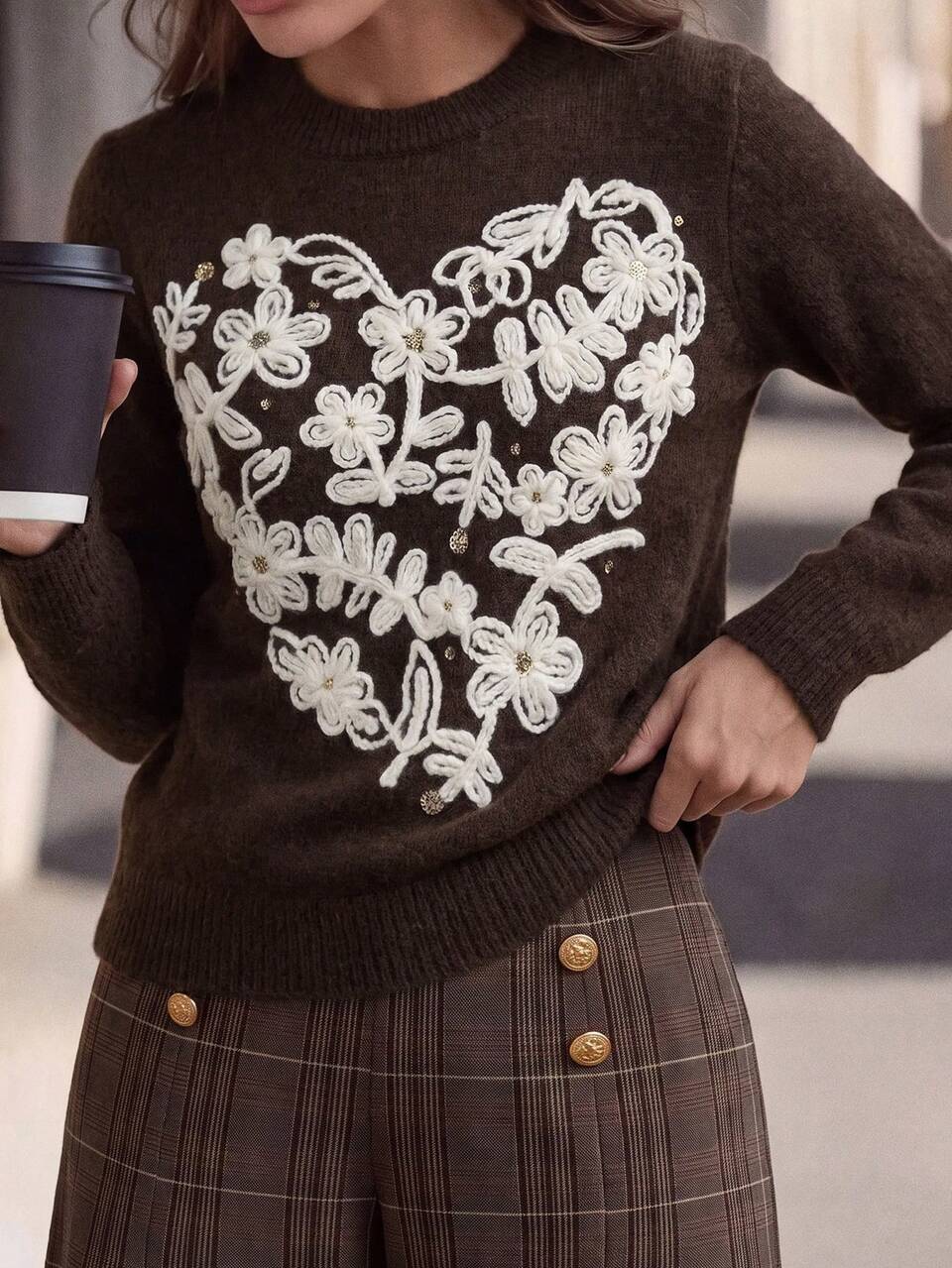 Anewsta Autumn/Winter Dark Brown French Soft Gentle Style Soft Knit Sweater, Heavy Embroidery 3D Floral Knit Top, Long Sleeve Slim Fit Flattering Blouse