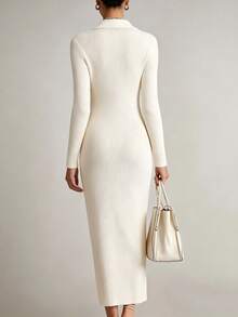 Balvessa Ins Style Button Half-Open Round Neck Long Sleeve Dress Women High Waist Slim Fit Solid Color Elegant Dress - White - View 2