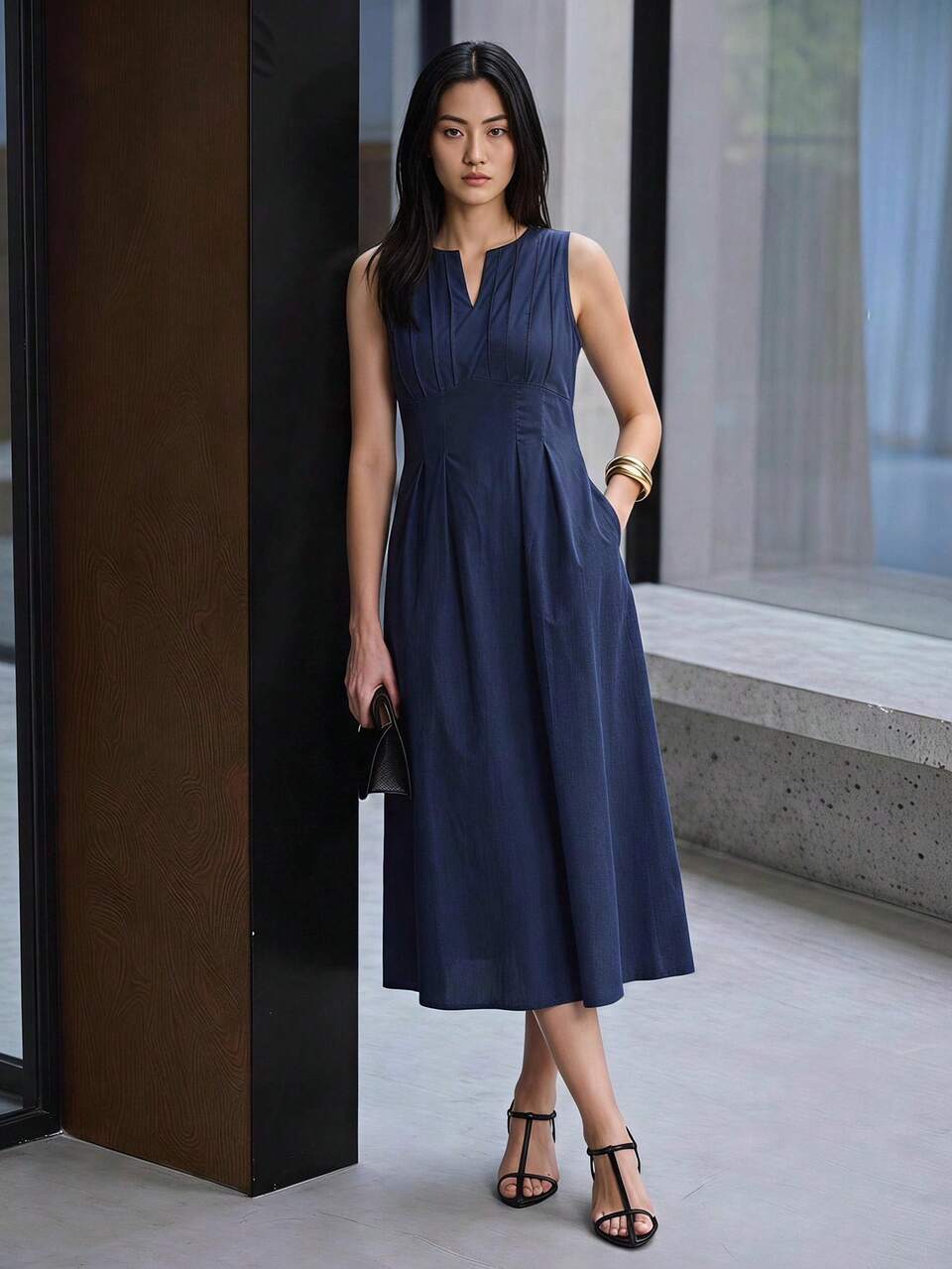 Women's Solid Color Cutout V-Neck Waist-Cinching Sleeveless Dress Office Navy Blue Summer Elegant