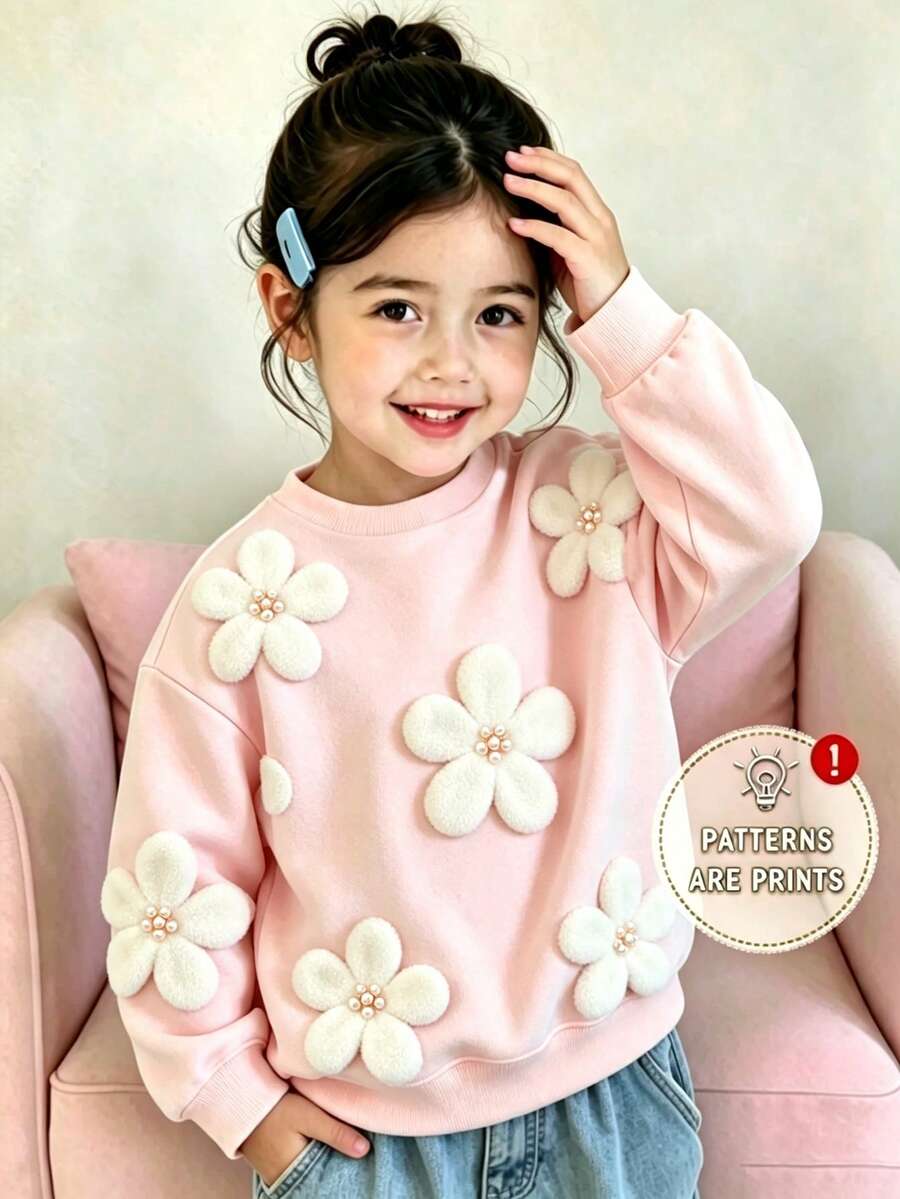 女嬰米色圓領抓絨衛衣,秋冬新款 3D 仿皮草珍珠花朵印花上衣,柔軟舒適休閒套頭內搭,韓風寬鬆落肩長袖百搭外出上衣,適合秋冬女嬰假日花卉可愛公主風 - 彩色 - 查看 1