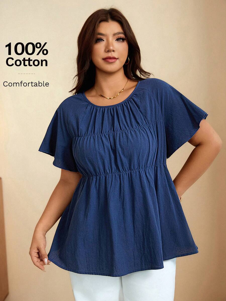 Edennvi Plus Size Round Neck Ruffle Sleeve Shirred Loose Blouse Vacation Office Navy Blue Summer Casual - Blue - View 1