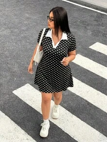 Muchica 大尺碼夏季休閒 90 年代波點印花洋裝，黑白配色，2000 年代 Y2K Fairycore 優雅度假上班畢業辦公室校園返校穿搭 - 黑與白 - 查看 3