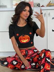 ZzzCrew Women's Pumpkin Ghost Halloween Element Print Casual Crew Neck Short Sleeve Pajama Set - Black - View 1