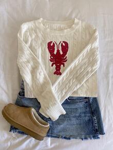 Elamini Women's Autumn/Winter Casual Elegant Coastal Chic Versatile Lobster Embroidered Pattern Rope Knit Sweater Vacation Beach White Red - Beige - View 5
