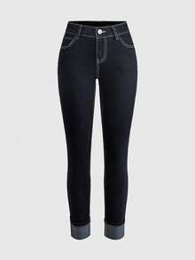 ROMWE Y2K Casual Hot Girl Cuffed Hem Design Skinny Denim Cropped Pants Travel Navy Blue - Blue - View 1