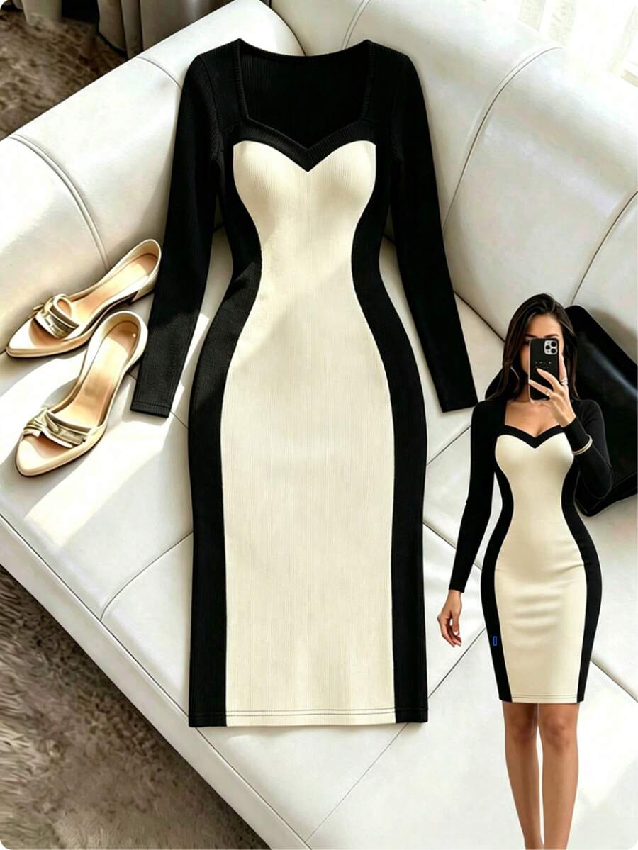 Selianne Women's Fashion Black And Beige Heart V-Neck 2 In 1 Bodycon Dress For Dating Office Dinner Mature Elegant Afternoon Tea Commuting And Vacation Autumn - Black and White - View 1