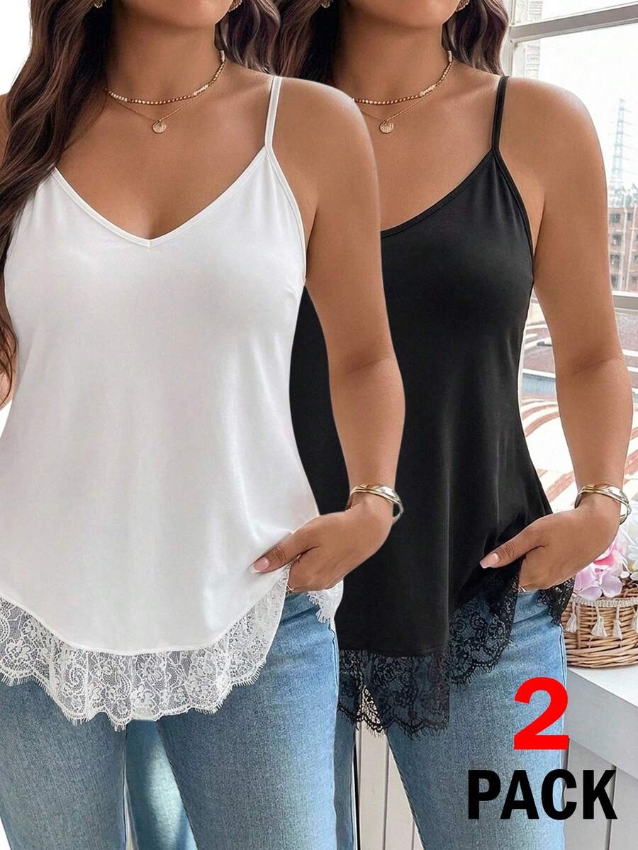 Reflora Plus Size Solid Color Minimalist Casual Lace Patchwork Camisole 2-Piece Set - Black and White - View 1