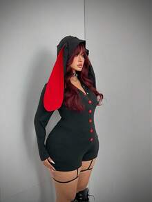 SHEIN CURVE+ Jumpsuit Halloween Ukuran Besar dengan Motif Telinga Kelinci Gelap dan Blok Warna untuk Musim Gugur - Hitam - View 6