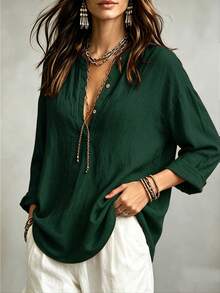 Linhara CURVE Plus Size Woven Casual Office-Style Autumn Shirt Fall - Dark Green - View 3