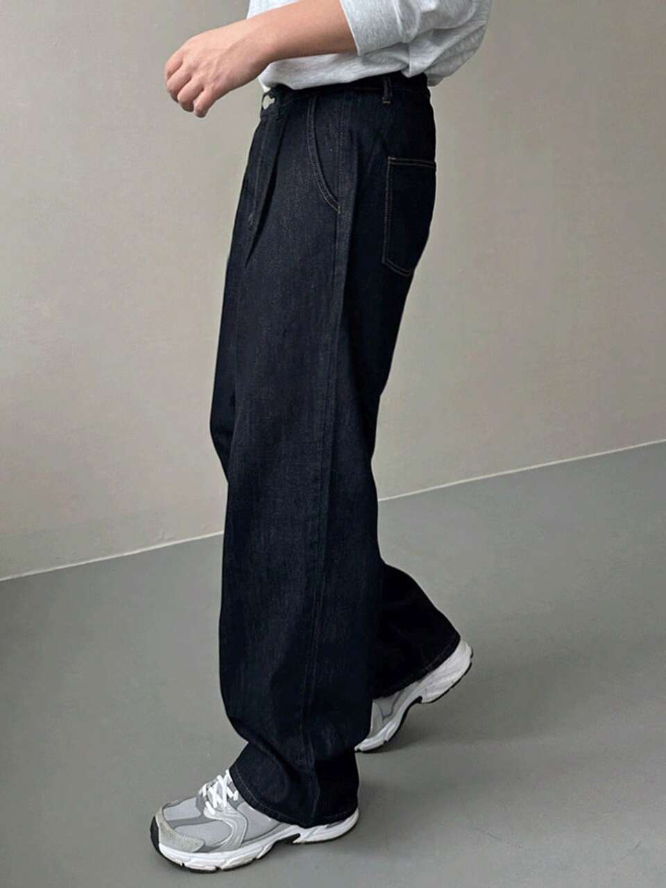 Spring/Autumn Navy Blue Slim Fit Straight Leg Men's Denim Jeans With Half Elastic Waist