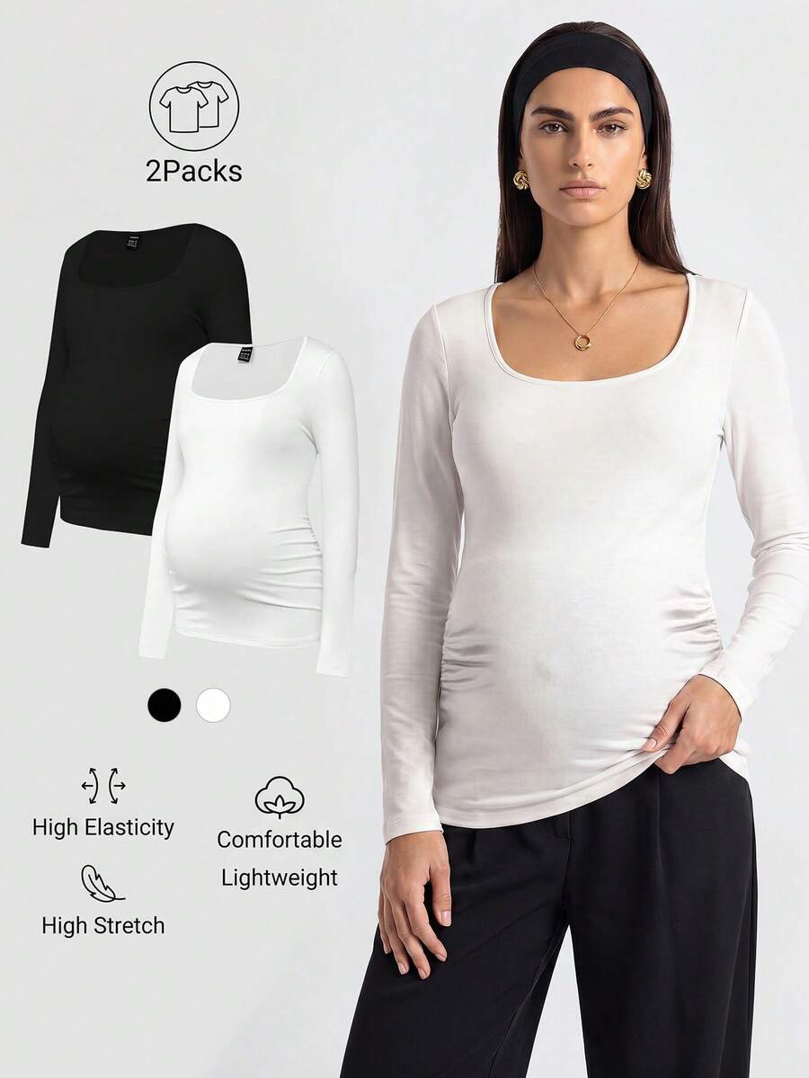 Modmama 2pcs Pregnant Women Skinny Long Sleeve Square Neck Casual T-Shirt Set, For Maternity Fall - Black and White - View 1