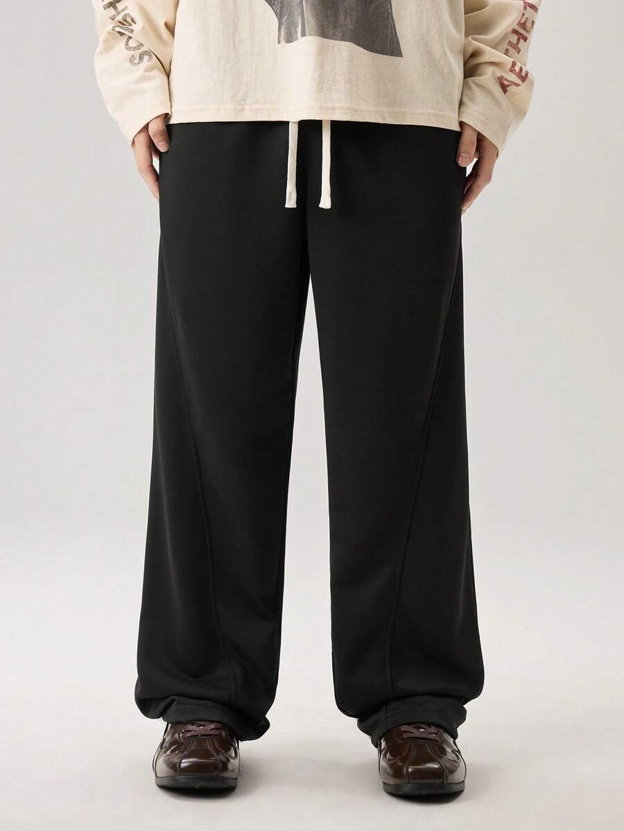 Vaulklash Men Solid Drawstring Waist Slant Pocket Sweatpants - Black - View 1