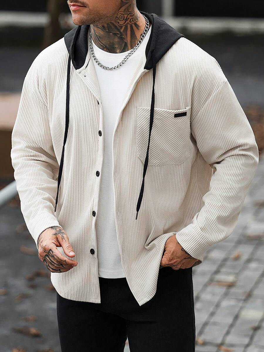 Manfinity CasualCool 男士卡其色 2 合 1 連帽燈芯絨夾克 紋理休閒外套 - 卡其色 - 查看 1