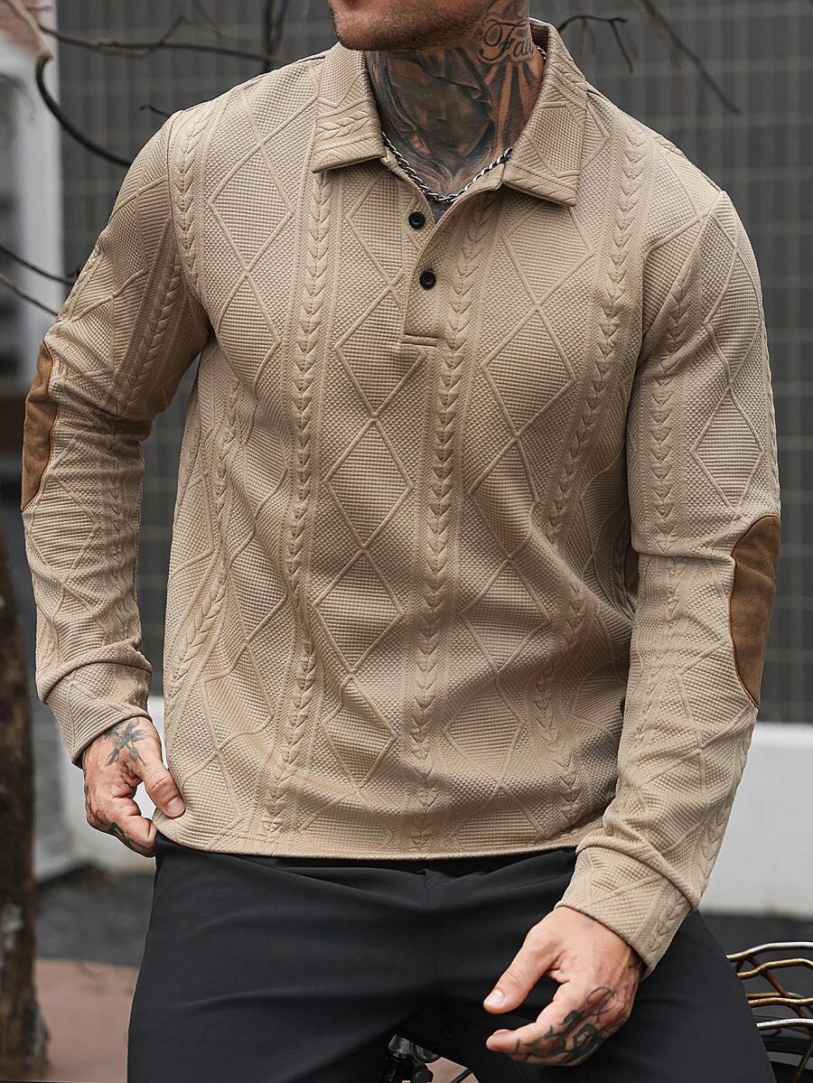Manfinity CasualCool 男士素色休閒通勤長袖 Polo 衫 - 卡其色 - 查看 1