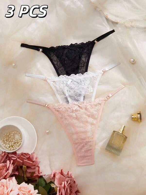 MidnightGlam 3pcs/Pack Women's Lace Sexy Thin Strap Thong