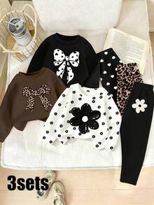 (3 conjuntos) Sudadera básica de cuello redondo con estampado de leopardo, lunares, lazo y patrón floral negro, estilo minimalista y fresco para niñas, con leggings, otoño e invierno - Multicolor - Ver 3