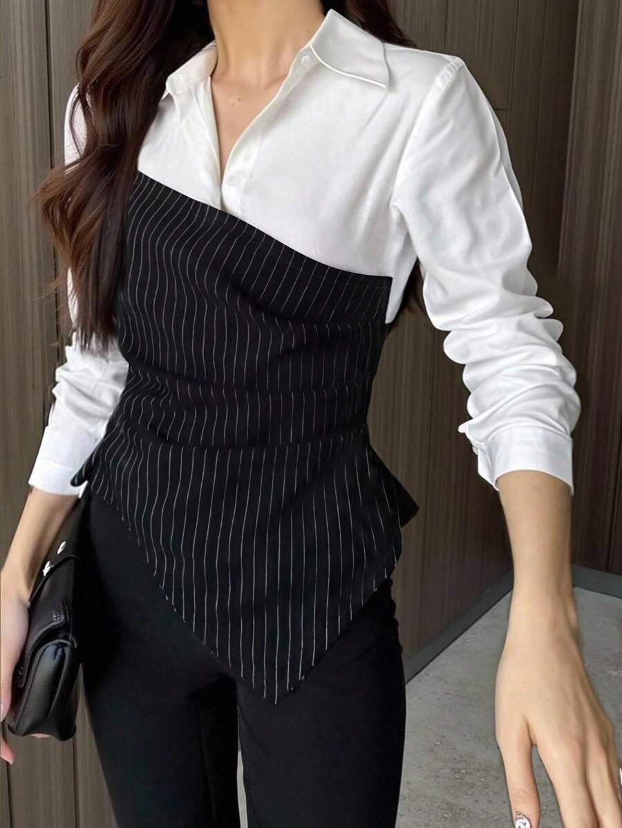INAWLY 女士纯色拼布长袖休闲衬衫,日常穿着 - 黑與白 - 查看 1