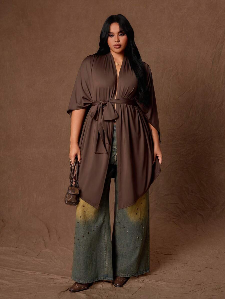 Rustia Jaket Kasual Wanita Ukuran Besar Warna Polos Lengan Kelelawar dengan Ikat Pinggang untuk Musim Gugur - Coklat - View 1