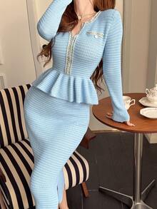 Feyla Women's Ruffle Knit Sweater & Skirt 2 Pieces Set - Blue - View 5
