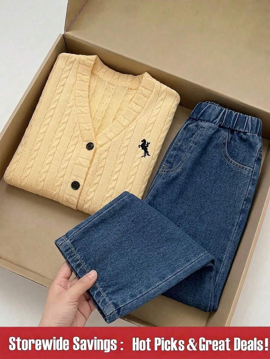 SHEIN Sparklyn 女童針織刺繡外套套裝,休閒可愛學院風街頭穿搭,連帽衫、牛仔外套、開襟衫、毛衣,適合秋冬返校戶外穿著 - 棕色 - 查看 1
