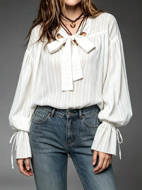 MYSTAURA Women's Solid Color Collar Drop Shoulder Long Sleeve Fashion Top