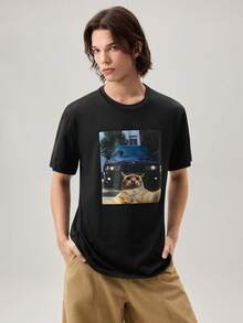 Vaulklash Funny Selfie Cat & BMW M5 E39 Crewneck Short Sleeve T-Shirt For Men - Black - View 5
