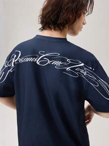 Vaulklash Men's Casual Letter Print Loose Drop Shoulder T-Shirt, Summer - Navy Blue - View 7