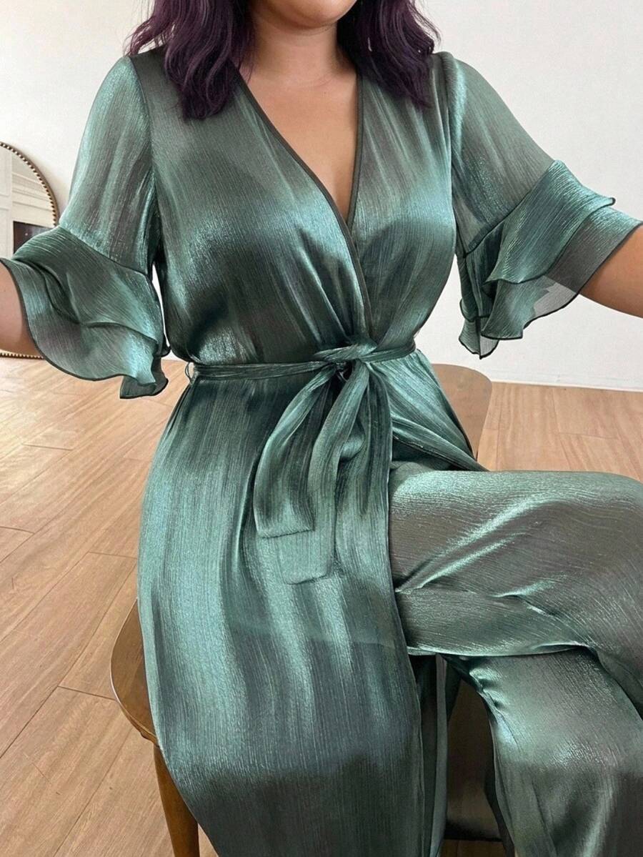 Dazy Plus Solid Color Chiffon Crinkled Long Robe & Pants 2-Piece Set, Green Loungewear Pajama Set For Spring, Summer, Autumn - Dark Green - View 1
