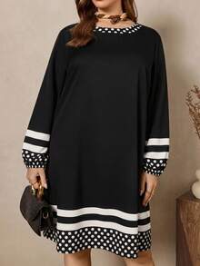 Comfylo Gaun Longgar Lengan Panjang Sedang Motif Hitam Ukuran Plus untuk Kantor, Formal, Malam Hari, Musim Gugur, Elegan - Hitam - View 3