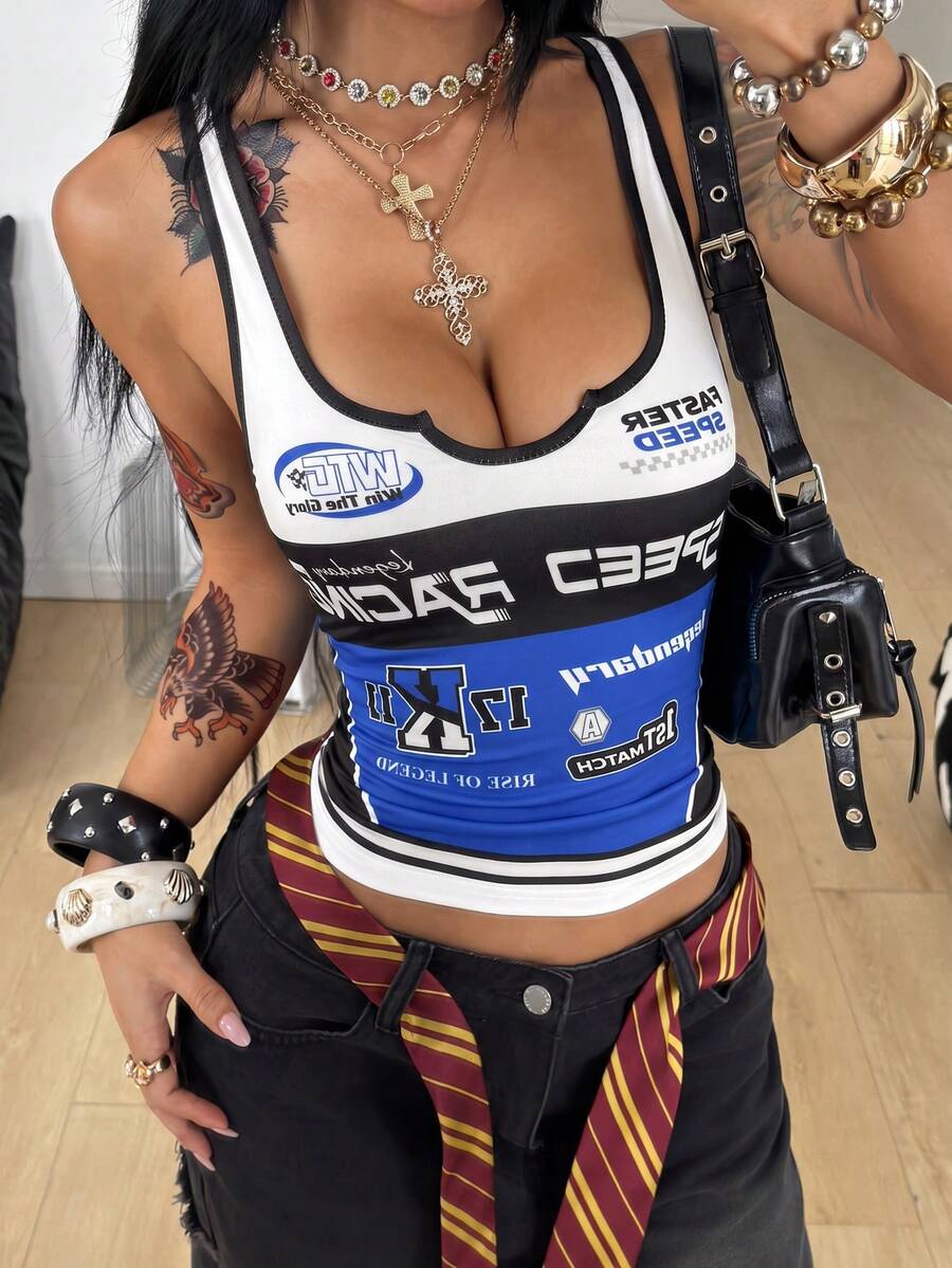 Coolane 女款夏季街頭風休閒 Y2K 圖案彈性藍色抹胸缺口無袖背心上衣 - 藍色 - 查看 1