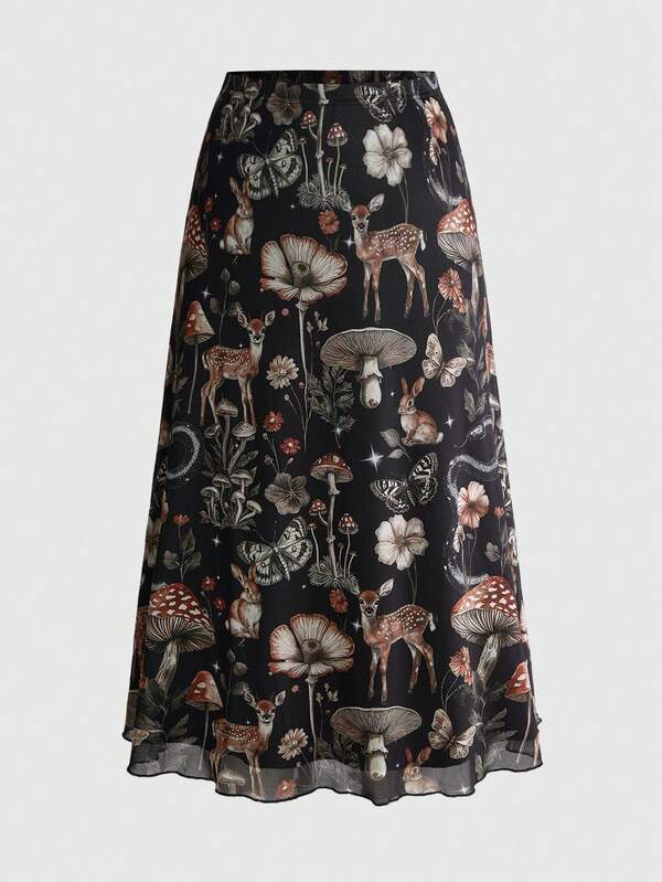 ROMWE Fairycore Plus Size Women's Forest Style Moth Multicolor Floral Plant Mesh Print A-Line Skirt