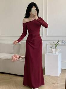 Celisse Women's Autumn/Winter Burgundy Beaded Off-Shoulder Long Dress, Long Sleeve Waist Side Ruched High Slit Dress - Burgundy - View 3