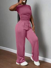 Slaydiva 2025 Women's Casual Dusty Rose Summer Lounge Set,Solid Round Neck Slim Short Sleeve T-Shirt & Drawstring Waist Straight Pants Two Pieces Set,Party - Dusty Pink - View 5