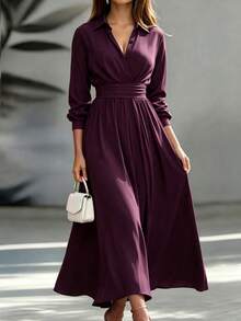 Weeklong Women's Plus Size Spring/Autumn Single Piece Lapel V-Neck Wrap Waist Flared Long Skirt High Cinched Waist Commuter Style Travel Shirt Dress Fall - Burgundy - View 3