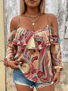 Breezaya Plus Size Cashew Flower Paisley Print Open Shoulder Ruffle Camisole Puff Long Sleeve Blouse For Women, Flattering Vacation Style Floral Shirt Fall - Multicolor - View 1