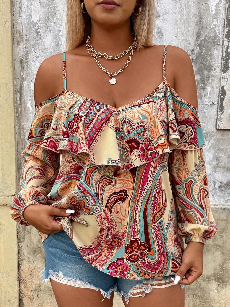 Breezaya Plus Size Cashew Flower Paisley Print Open Shoulder Ruffle Camisole Puff Long Sleeve Blouse For Women, Flattering Vacation Style Floral Shirt Fall - Multicolor - View 1