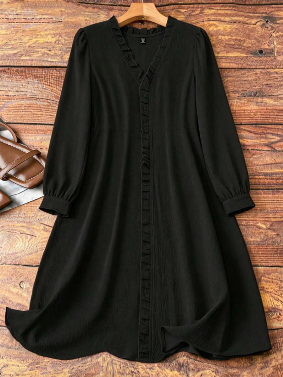 SHEIN LUNE CURVE Plus Size Black Ruffle V-Neck Puff Sleeve Mid-Length Dress For Women, Textured Pleated Waist A-Line Flared Skirt, Slimming French Style Casual Formal - Black - View 1
