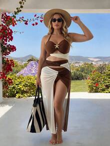 Swim Oasis 26SS Spring/Summer Vacation Cutout Three-Section Starfish Contrast Color Brown & Beige Sexy Matching Skirt One-Piece Two Pieces Set - Multicolor - View 4