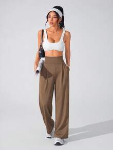 SHEIN Sports 素色高腰直筒運動長褲 - 咖啡棕 - 查看 4