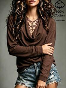 SHEIN Vintage Coffee Brown Micro-Crinkled Texture Fabric Deep Draped Neck Multi-Layer Draped Ruffle Loose Straight Fit 3/4 Sleeve Side-Gathered Solid Color Top - Coffee Brown - View 3