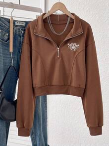 Lalippa Women's Half-Zip Casual Versatile Daily Long Sleeve Sweatshirt - Brown - View 5