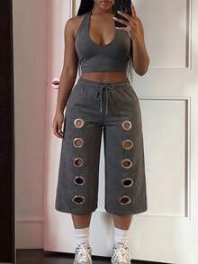 Slaydiva Women's Dark Gray Faux Snowflake 2-Piece Set, Deep V-Neck Backless Cropped Top With Hollow-Out Wide Leg Pants, Street Style Outfit-B - Dark Grey - View 7