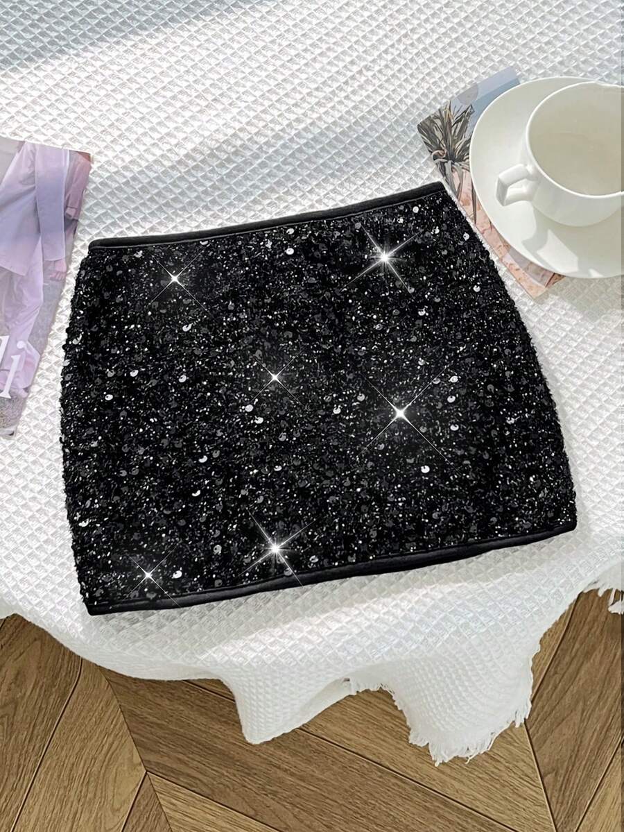 Kids Tween Girls Black Sequin Bead Skirt For Holiday Party Stage Concert - Black - View 1