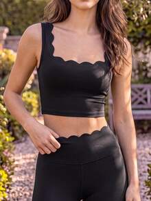 SHEIN BASICS 女款純色休閒極簡運動風短版上衣，保守百搭日常穿搭，適合上班、夜生活、健身房運動，黑色夏季款 - 黑色 - 查看 8