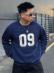 DAZY Autumn/Winter Thermal Lined Navy Blue Sweatshirt Fabric With White Digital Applique Embroidery Heavy Work Men's Pullover Sweatshirt - Navy Blue - View 3