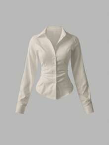 Sweetra Blus Wanita Kasual Serbaguna Warna Polos yang Menekan Pinggang - Krem - View 1