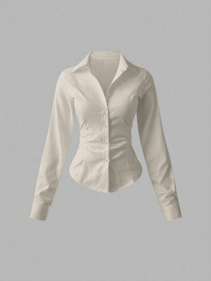 Sweetra Blus Wanita Kasual Serbaguna Warna Polos yang Menekan Pinggang - Krem - View 1