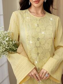 Yasmyna Sequin 3D Floral Decor Round Neck Bell Sleeve Elegant Arabian Dress - Yellow - View 6