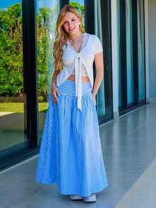 Bela Noronha Rok Liburan Wanita Bergaris Modis Serbaguna dengan Resleting - Blue and White - View 4