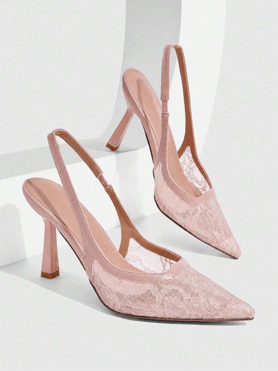 CUCCOO SZL Women's Fashion Lace Backstrap Pointed Toe Stiletto High Heel Shoes, Suitable For Commute, Date, Party, Holiday, Wedding For Christmas Spring Shoes - Light powder 1 gold thread mesh - View 1
